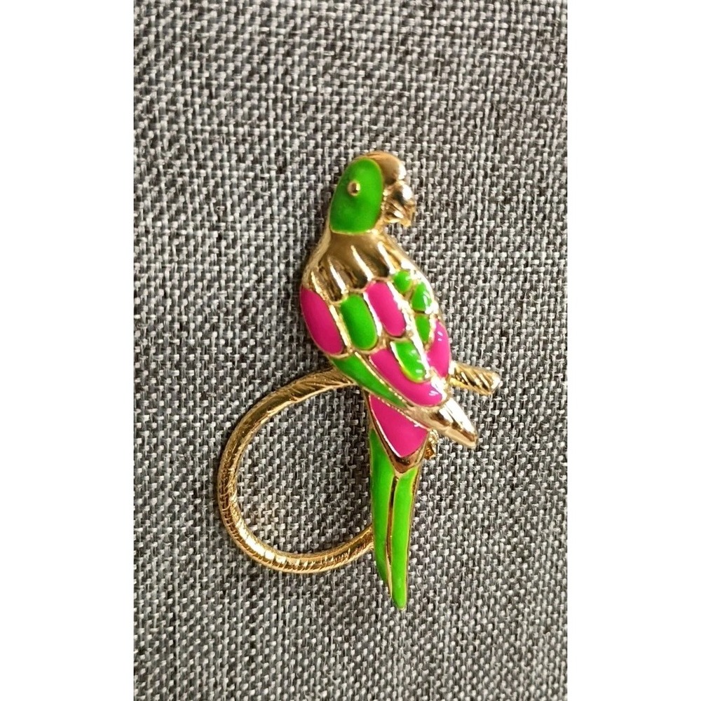Brooch Parrot Bird Pin Enamel Vintage Estate Sale Hot Pink Gold and Neon Green